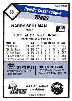 1989 CMC Tucson Toros #18 Harry Spilman  Back
