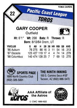 1989 CMC Tucson Toros #22 Gary Cooper  Back
