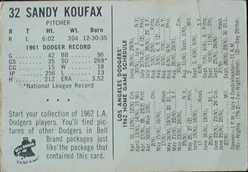 1962 Bell Brand Los Angeles Dodgers #32 Sandy Koufax Back