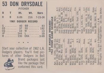 1962 Bell Brand Los Angeles Dodgers #53 Don Drysdale Back