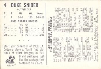 1962 Bell Brand Los Angeles Dodgers #4 Duke Snider Back