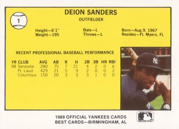 1989 Best Albany-Colonie Yankees #1 Deion Sanders  Back