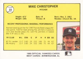 1989 Best Albany-Colonie Yankees #22 Mike Christopher  Back