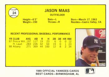 1989 Best Albany-Colonie Yankees #24 Jason Maas  Back