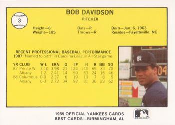 1989 Best Albany-Colonie Yankees #3 Bobby Davidson Back