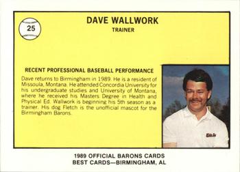 1989 Best Birmingham Barons #25 Dave Wallwork Back
