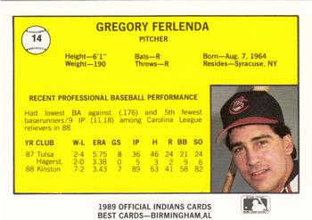 1989 Best Canton-Akron Indians #14 Gregory Ferlenda  Back