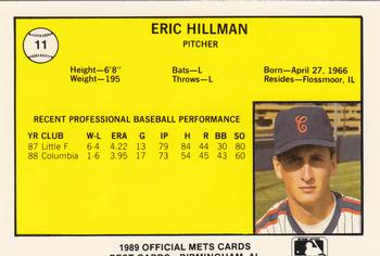 1989 Best Columbia Mets #11 Eric Hillman  Back