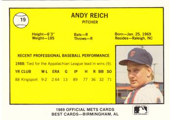 1989 Best Columbia Mets #19 Andy Reich  Back