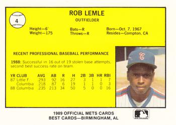 1989 Best Columbia Mets #4 Rob Lemle  Back