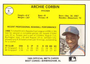 1989 Best Columbia Mets #5 Archie Corbin  Back