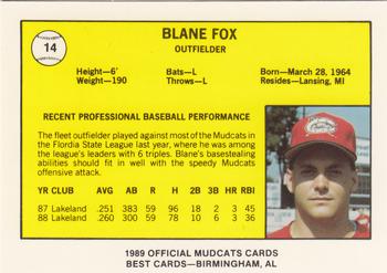1989 Best Columbus Mudcats #14 Blane Fox  Back