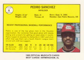 1989 Best Columbus Mudcats #6 Pedro Sanchez  Back