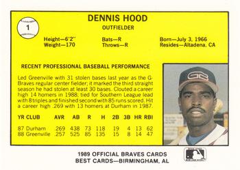 1989 Best Greenville Braves #1 Dennis Hood  Back