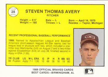 1989 Best Greenville Braves #28 Steve Avery  Back
