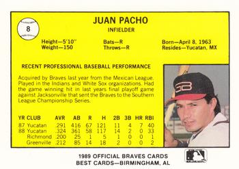 1989 Best Greenville Braves #8 Juan Pacho  Back