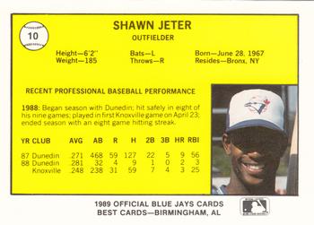 1989 Best Knoxville Blue Jays #10 Shawn Jeter  Back