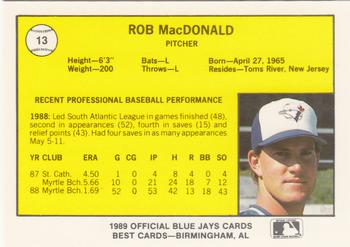 1989 Best Knoxville Blue Jays #13 Rob MacDonald Back