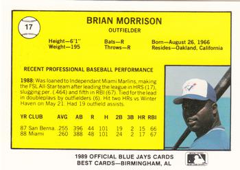 1989 Best Knoxville Blue Jays #17 Brian Morrison  Back