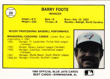 1989 Best Knoxville Blue Jays #28 Barry Foote Back