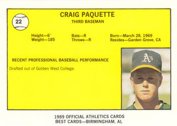 1989 Best Medford Athletics #22 Craig Paquette  Back