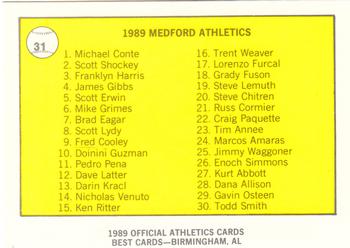 1989 Best Medford Athletics #31 Team logo / Checklist  Back