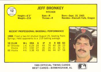 1989 Best Orlando Twins #12 Jeff Bronkey  Back