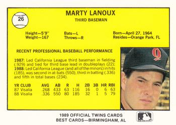 1989 Best Orlando Twins #26 Marty Lanoux  Back