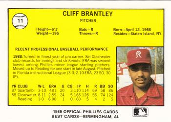 1989 Best Reading Phillies #11 Cliff Brantley  Back