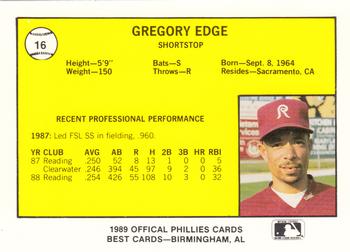 1989 Best Reading Phillies #16 Gregory Edge  Back