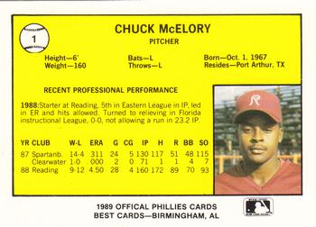 1989 Best Reading Phillies #1 Chuck McElroy  Back