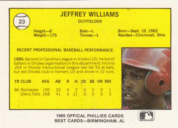 1989 Best Reading Phillies #23 Jeffrey Williams  Back