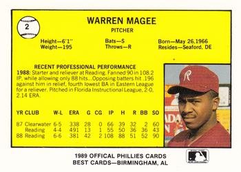 1989 Best Reading Phillies #2 Warren Magee  Back