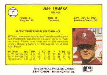 1989 Best Reading Phillies #7 Jeff Tabaka  Back