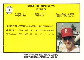 1989 Best Riverside Red Wave #8 Mike Humphreys  Back