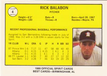 1989 Best San Bernardino Spirit #4 Rick Balabon  Back