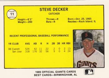 1989 Best San Jose Giants #11 Steve Decker  Back