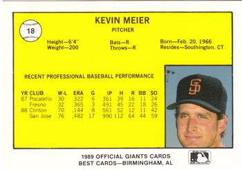 1989 Best San Jose Giants #18 Kevin Meier  Back