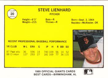 1989 Best San Jose Giants #20 Steve Lienhard  Back