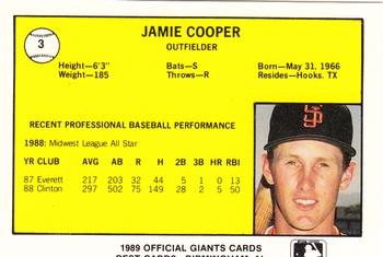 1989 Best San Jose Giants #3 Jamie Cooper  Back