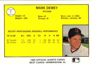 1989 Best San Jose Giants #7 Mark Dewey  Back