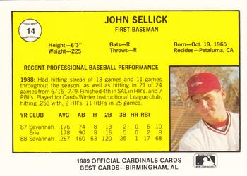 1989 Best Springfield Cardinals #14 John Sellick  Back