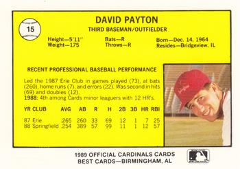1989 Best Springfield Cardinals #15 David Payton  Back