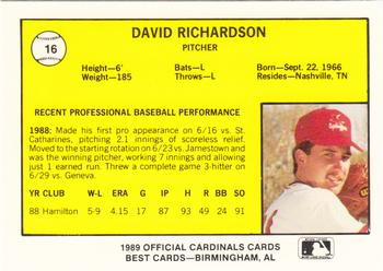 1989 Best Springfield Cardinals #16 David Richardson Back