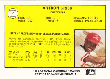 1989 Best Springfield Cardinals #3 Antron Grier  Back
