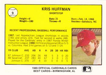 1989 Best Springfield Cardinals #9 Kris Huffman  Back
