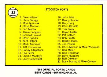 1989 Best Stockton Ports #32 Team logo / Checklist  Back