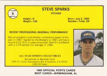 1989 Best Stockton Ports #8 Steve Sparks  Back