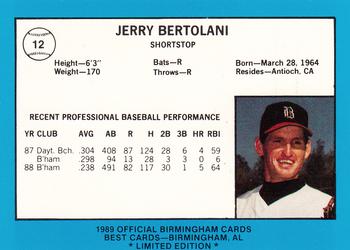1989 Best Birmingham Barons - Platinum #12 Jerry Bertolani  Back