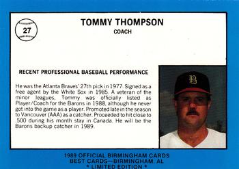 1989 Best Birmingham Barons - Platinum #27 Tommy Thompson Back